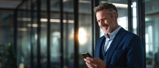 The businessman happily using a smartphone in a modern office environment.