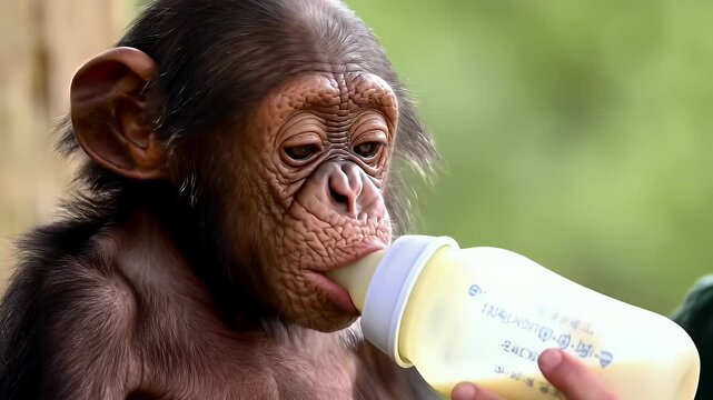 Caring Woman Feeds Adorable Baby Chimpanzee with Bottle in Lush Greenery Calm Ambient Scene with Soft Lighting Close Up Portrait of Pan troglodytes Primates in Outdoor Setting