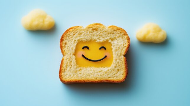 A cheerful slice of bread with a smiling face and melted cheese on a light blue background for playful design