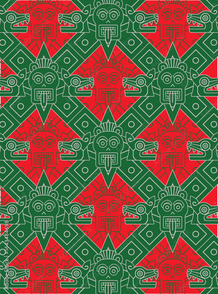Poster an intricate seamless pattern featuring stylized green serpent-like figures and detailed geometric e