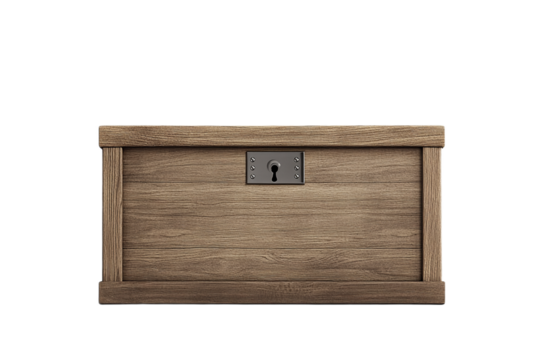 Classic wooden chest with metal keyhole, a safe container on transparent background
