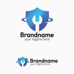 Blue Shield Wrench Logo Design, Perfect for Automotive, Repair, and Security Services Branding with a Modern and Professional Feel
