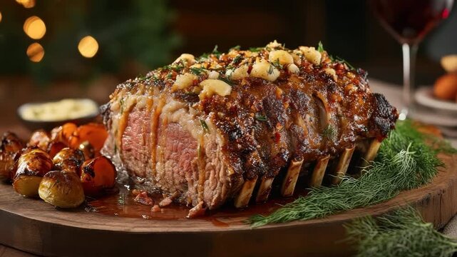 Roasted rack of lamb with garlic and herb served on wooden board with roasted vegetable and fresh dill, gourmet grilled food dinner featuring juicy roasted meat and appetizing meal setting