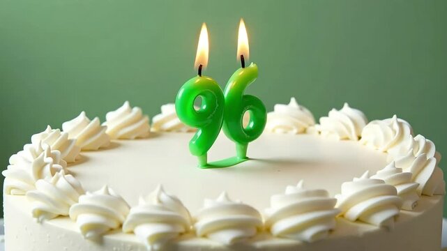 Festive 96th birthday cake with lit candles, celebrating a milestone of life and joy