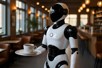 Futuristic, smart humanoid robot, cyborg serves a cup of coffee on a tray in a modern coffee shop cafe setting, showcases the innovation of automated dining systems.