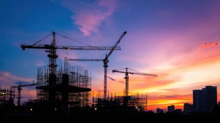 The construction site silhouetted against a vibrant sunset horizon.