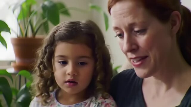 Mother and daughter enjoying a quiet moment together indoors, surrounded by lush green plants
