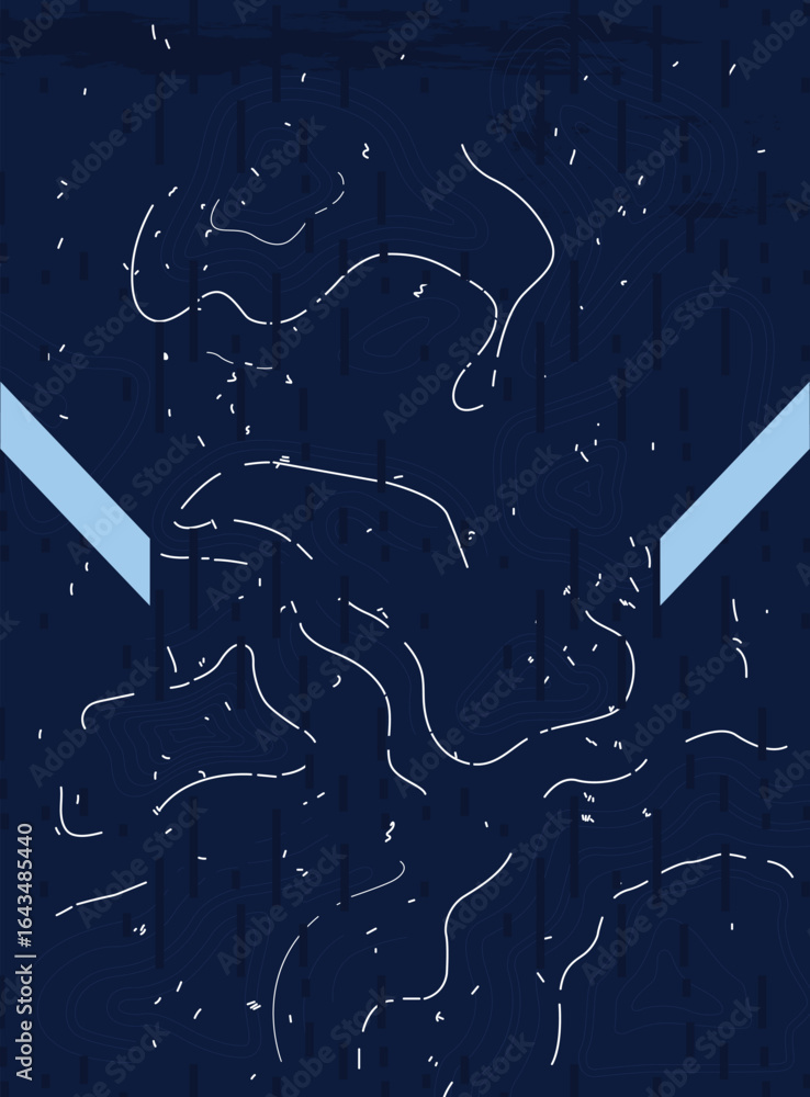 Poster animated digital art showing flowing abstract lines and scattered dots in a vibrant blue and light b