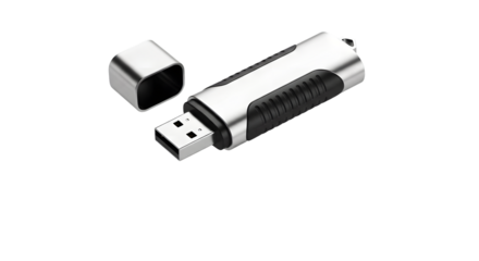 Silver usb flash drive with black grip and cap, isolated on transparent background