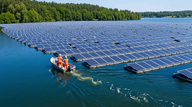 Video technology on the use of solar panels on lakes, environmental utilization and green energy, technology integration.