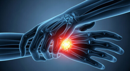 Human hands skeleton with red pain point indicating joint inflammation and potential injury location