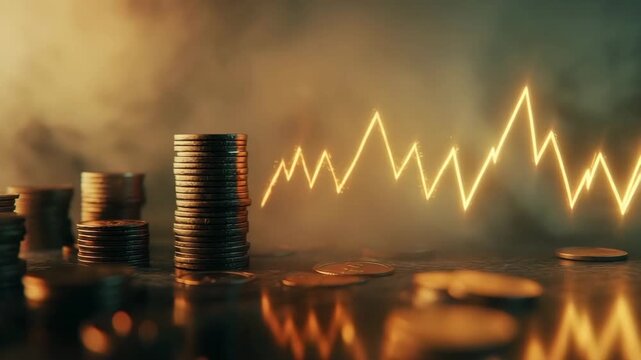 Stack of coins with glowing financial graph line symbolizing economic growth investment success business money finance economy wealth currency saving profit increase income market cash banking