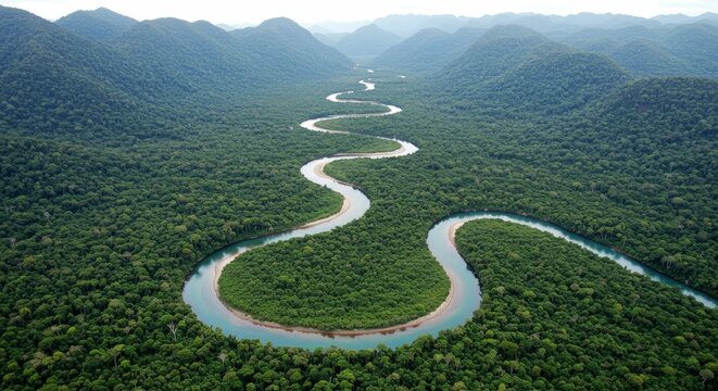 Aerial View of a Meandering River Flowing Through Lush Tropical Rainforest