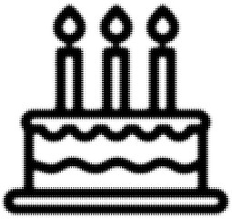 Black and white dotted line icon of a birthday cake with three candles