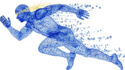 A blue wireframe figure of an athlete running
