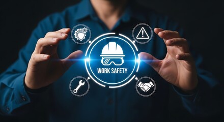 Person presenting work safety icons protection helmet