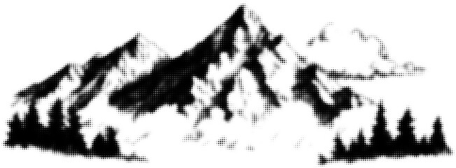 Monochrome mountain landscape with trees and clouds in halftone art style