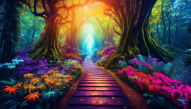 fantasy forest path with vibrant colors and mystical creatures