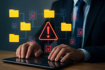 Professional businessperson using tablet with futuristic holographic folders, warning icons, and digital error alerts in high-tech cybersecurity environment