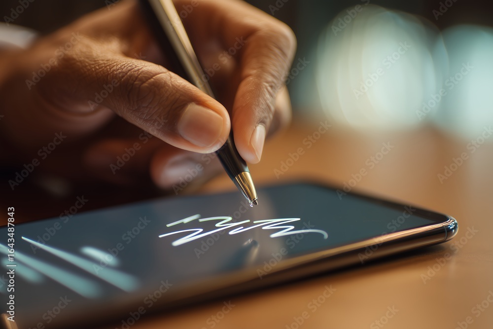 Poster close-up of dark-skinned hand signing a digital signature on a smartphone screen with a pen. concept