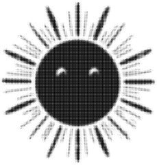 Black and white halftone smiling sun with radiating beams, abstract illustration