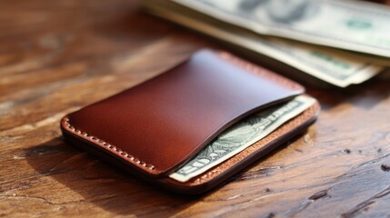 a wallet placed on a surface with money around it, suggesting the transaction of cash for goods