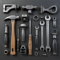 Fototapeta premium Assorted metal hand tools arranged on black background 