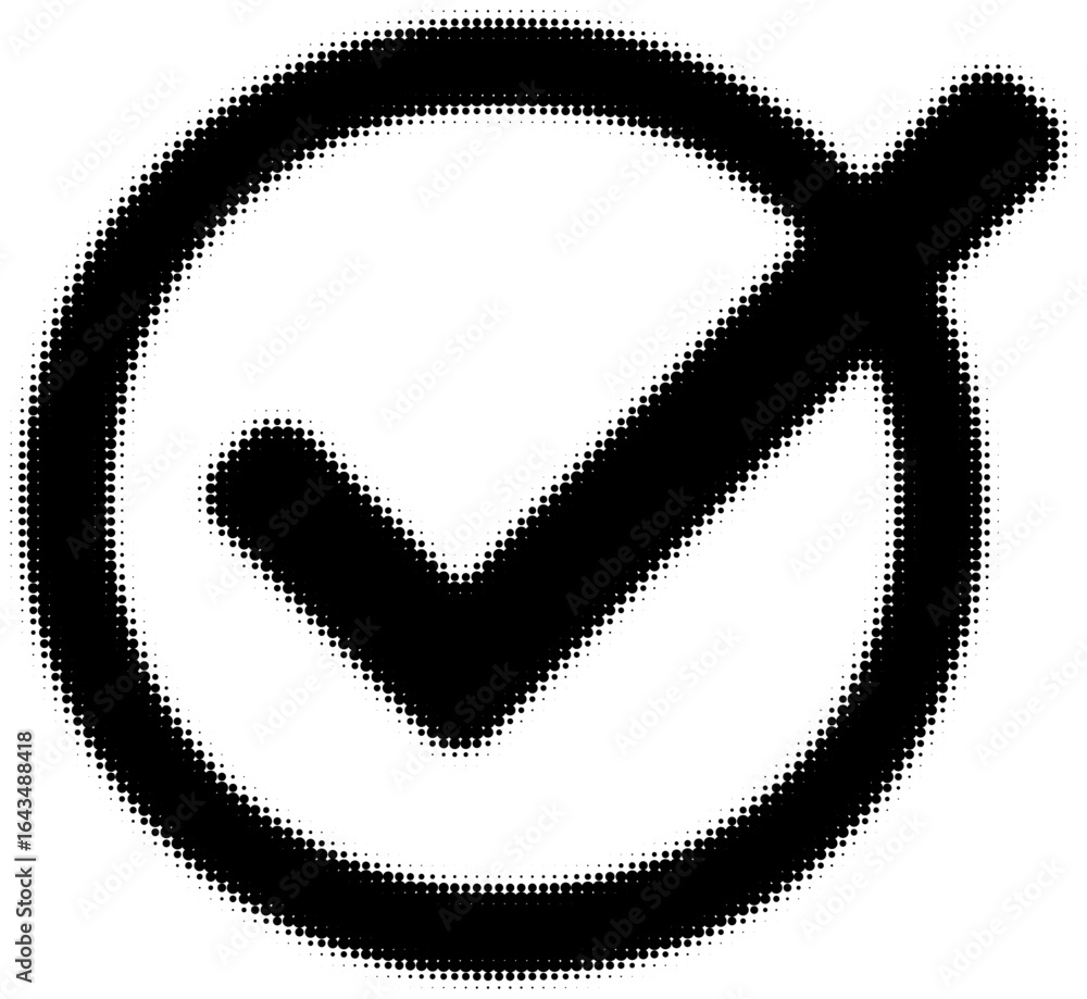 Poster black check mark symbol in a halftone circle pattern