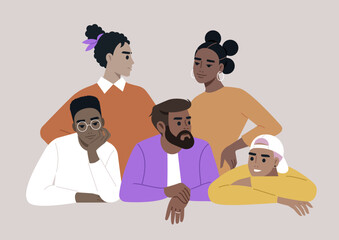 Five individuals from different cultural backgrounds gather together in a relaxed atmosphere, showcasing their unique styles and personalities while sharing ideas and laughter