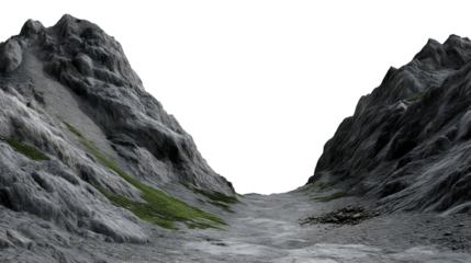  mountains and path in gray and green colors, nature scenic route isolated on white background