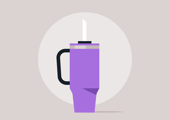 Vibrant purple tumbler stands tall, featuring a sleek design and straw, Ideal for keeping drinks cool or warm, it captures attention in any casual setting, showcasing style and functionality.