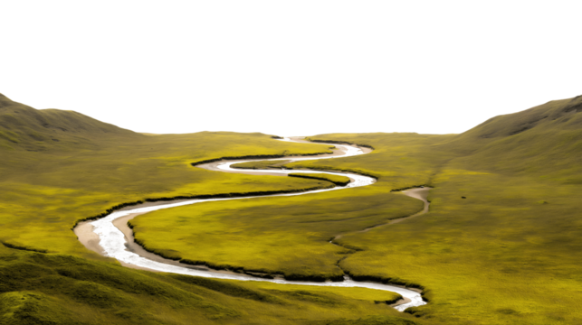 winding river gracefully meanders through vibrant green landscape isolated on white background