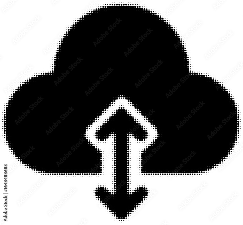 Poster cloud icon with upload arrow in black and white halftone pattern