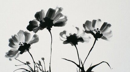 Black and white floral artwork showcasing stylized flowers with graceful stems on a plain background