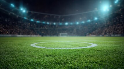 Obraz premium The vibrant football field illuminated by stadium lights at night.