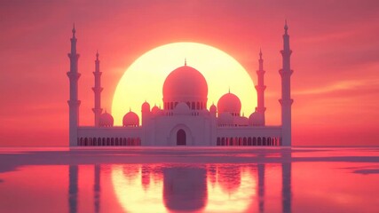 Sunset mosque silhouette with domes and minarets reflecting on calm water, vibrant sky and majestic architecture building creating peaceful scenic atmosphere and glowing dome reflection - Powered by Adobe