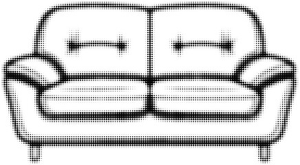 Black and white halftone illustration of a modern sofa with cushions