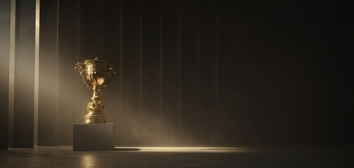 The golden trophy representing achievement and success in a dramatic setting.