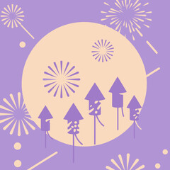Abstract fireworks and firecrackers in pastel colors with a neutral background. Silhouette of fireworks and rockets on a lavender and peach backdrop.