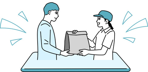 荷物を渡している女性の配達員とそれを受け取る男性