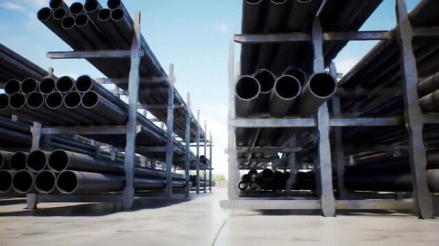 Rows of industrial pipes are neatly stacked and stored under a clear sky