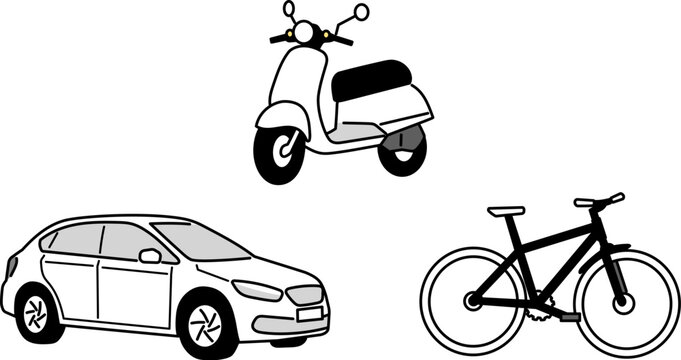 シンプルな乗り物のイラスト　車　自転車　バイク
