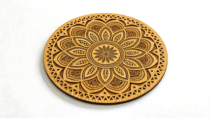 Fototapeta premium Exquisite wooden mandala coaster with intricate laser-cut floral patterns, perfect for home decor.