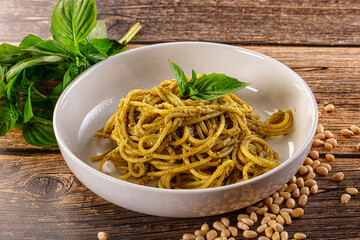 Italian green pasta with pesto sauce