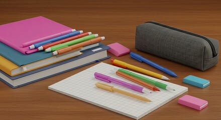 Colorful school stationery with notebooks, pens, and erasers on wooden desk
