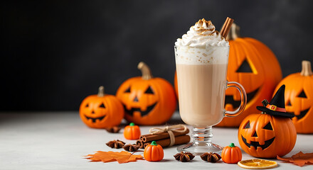 Festive Halloween Pumpkin Spice Latte with Pumpkins and Cinnamon
