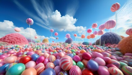 enchanted candy landscape with colorful lollipops spheres and whimsical clouds under a bright blue sky