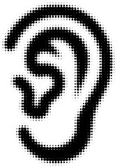 Halftone pattern creating a stylized human ear in black and white