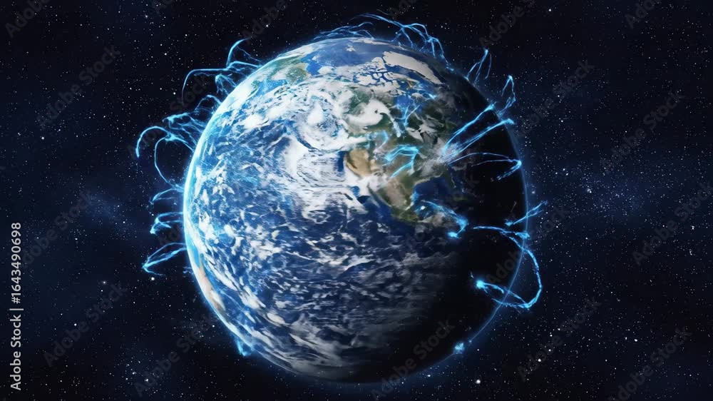Poster global network connection earth - a 3d animated view of earth from space, showcasing data streams co