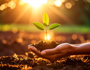 Fototapeta premium Young sprout held in a hand, bathed in sunlight.